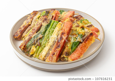 Korean holiday food skewers Jeon on white background Korean holiday food skewers Jeon on white background 107816231
