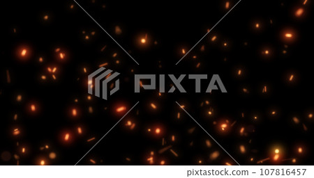 Abstract bright background of flying yellow glowing orange fire sparks from a fire on a black background Abstract bright background of flying yellow glowing orange fire sparks from a fire on a black background 107816457