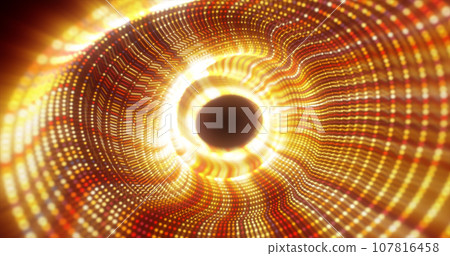 Abstract yellow energy tunnel made of particles and a grid of high-tech lines with a glowing background effect Abstract yellow energy tunnel made of particles and a grid of high-tech lines with a glowing background effect 107816458