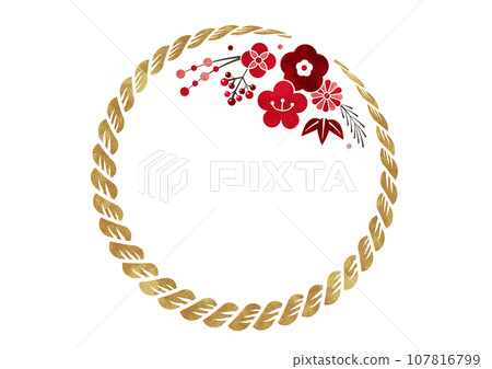 Japanese-style circular frame of shimenawa and plum blossoms watercolor_golden red and white 107816799