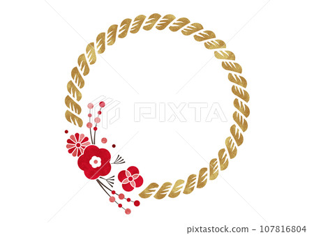 日式圓框注連與梅花水彩_金紅白 日式圓框注連與梅花水彩_金紅白 107816804