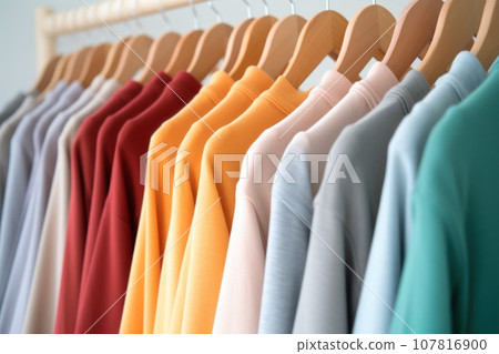 Close up a collection of t-shirts hanging on a clothes hanger 107816900