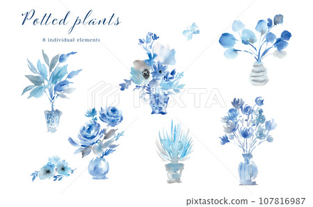 水彩花瓶中藍色花朵的插圖集 107816987