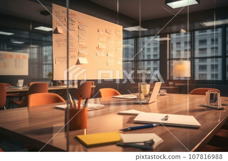 Blurred background of a whiteboard with project plans and timelines in office 107816988