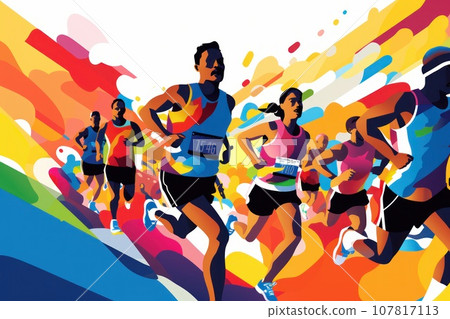 Colorful Running marathon poster, people run, colorful poster. illustration 107817113