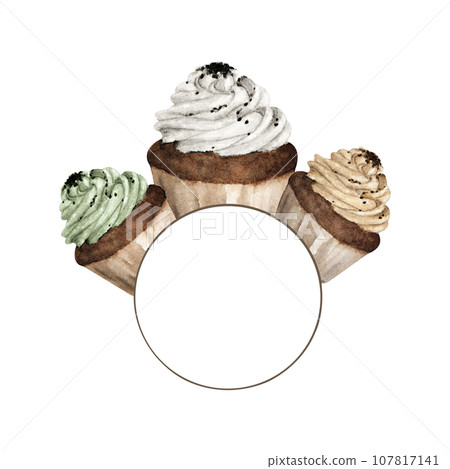watercolor painting of Colorful cupcakes round frame. watercolor painting of Colorful cupcakes round frame. 107817141
