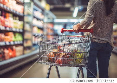 Woman hand hold shopping cart with blur supermarket fresh product shelves background 107817237