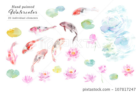 Watercolor illustration set of carp, water lily, and water surface Watercolor illustration set of carp, water lily, and water surface 107817247