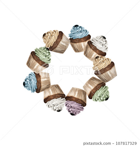 Watercolor painting of Colorful cupcakes round frame. Watercolor painting of Colorful cupcakes round frame. 107817329