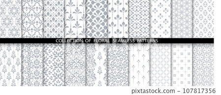 Geometric floral set of seamless patterns. White and gray vector backgrounds. Damask graphic ornaments 107817356