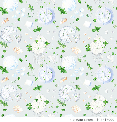 Seamless pattern with mozzarella feta ricotta and camembert cheese and herbs. Watercolor illustration for fabric textile 107817999