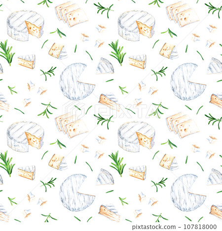 Seamless pattern with Camembert cheese and rosemary herb. Watercolor illustration for wrapping, fabric, textile 107818000