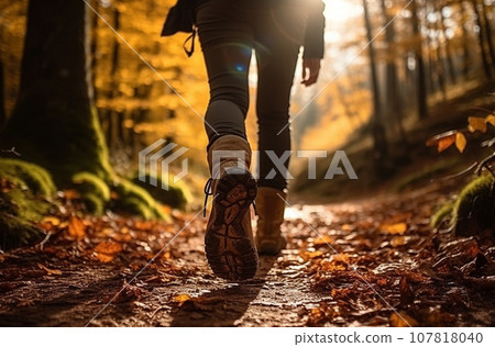 AI-generated content. Sports shoe and legs on rock trail, hiker trekking or walking of footpath 107818040