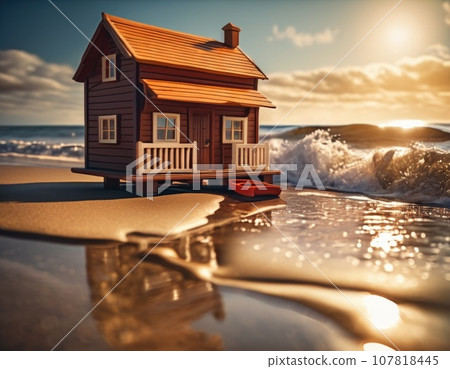 Miniature house on the sea coast. Travel concept. AI illustration. 107818445