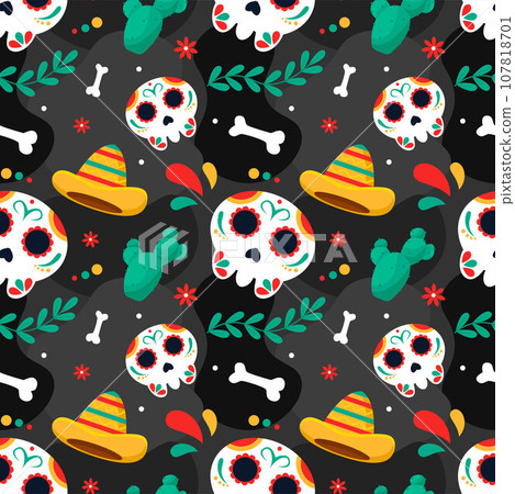 Dia de Muertos Seamless Pattern Illustration. Translation : Day of the Dead. Skeleton Element in Mexican Design 107818701