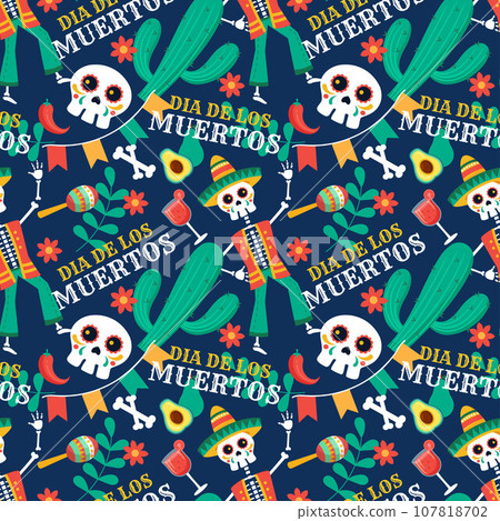 Dia de Muertos Seamless Pattern Illustration. Translation : Day of the Dead. Skeleton Element in Mexican Design 107818702