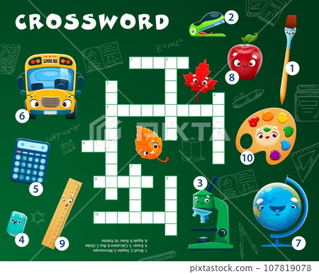Crossword quiz game. School education stationery cartoon characters word grid puzzle worksheet. Vector cute school bus, microscope, calculator and ruler, apple, brush and globe personages kids game 107819078