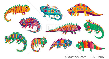 Cartoon Mexican iguana lizard characters, reptiles with ethnic ornament, vector funny animals. Iguanas lizard with Mexican folk art pattern ornament, tropical lizard or gecko with cute faces 107819079