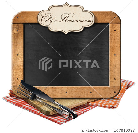 Empty Blackboard and Silver Cutlery above a Wooden Cutting Board Empty Blackboard and Silver Cutlery above a Wooden Cutting Board 107819088
