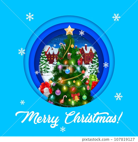Christmas paper cut banner with holiday tree and winter town landscape. Xmas winter holiday 3d vector banner or backdrop. New Year and Christmas greeting card with decorated toys and garlands spruce Christmas paper cut banner with holiday tree and winter town landscape. Xmas winter holiday 3d vector banner or backdrop. New Year and Christmas greeting card with decorated toys and garlands spruce 107819127