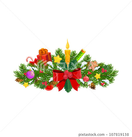 Christmas fir pine branch decoration. Happy New Year greeting, Christmas festive or merry Xmas holiday vector background with cartoon bow, holly leaf, flaming candle and gift box, berries and snow 107819138