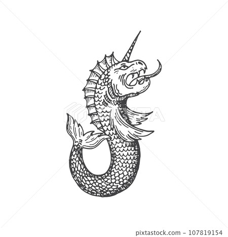 Medieval heraldic animal monster sketch. Fantasy creature, magic animal or horned sea monster, medieval narwhal heraldic etching vector emblem. Mythical beast ancient coat of arms, sketch insignia 107819154