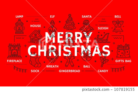 Christmas line infographics. Vector xmas thin line infographic lamp, house, elf, pine tree and Santa. Sleigh, bell, fireplace, sock or wreath and gingerbread. Bauble ball, candy cane and gifts bag 107819155