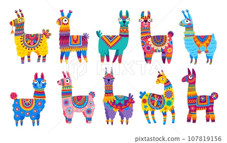 Cartoon llama and alpaca characters. Funny llama animals, South America, Peru or Mexico wild or farm animal isolated vector personages wearing blankets and saddles with mexican ethnic ornaments Cartoon llama and alpaca characters. Funny llama animals, South America, Peru or Mexico wild or farm animal isolated vector personages wearing blankets and saddles with mexican ethnic ornaments 107819156