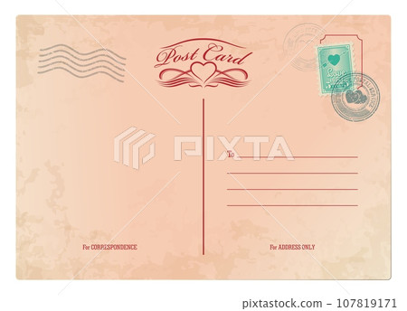 Valentine day antique postcard, retro postage stamp and vintage mail. Grunge vector brown paper texture, romantic love background for holiday correspondence. Greeting card backside with romantic marks Valentine day antique postcard, retro postage stamp and vintage mail. Grunge vector brown paper texture, romantic love background for holiday correspondence. Greeting card backside with romantic marks 107819171