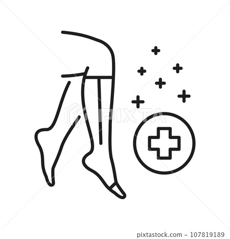 Compression socks, edema and swelling treatment, abnormal blood pressure. Vector stockings and varicose veins, vascular disease outline icon Compression socks, edema and swelling treatment, abnormal blood pressure. Vector stockings and varicose veins, vascular disease outline icon 107819189