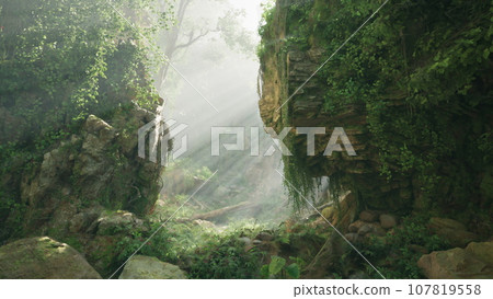 A lush green cliff covered in vegetation and rocks 107819558
