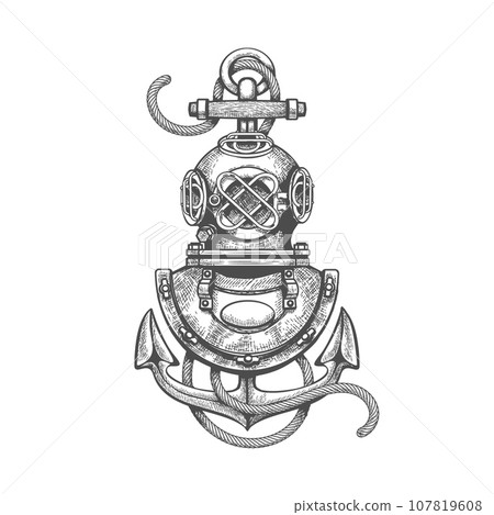 Retro diving helmet and anchor sketch 107819608