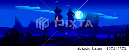 Night medieval castle near river Night medieval castle near river 107819870