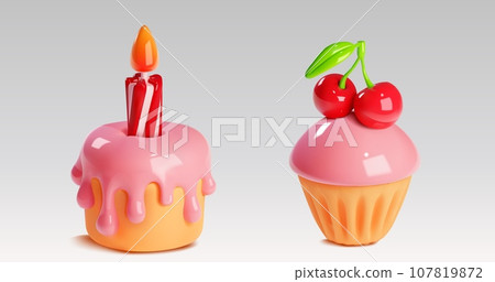 3d birthday cake with candle vector dessert icon 107819872