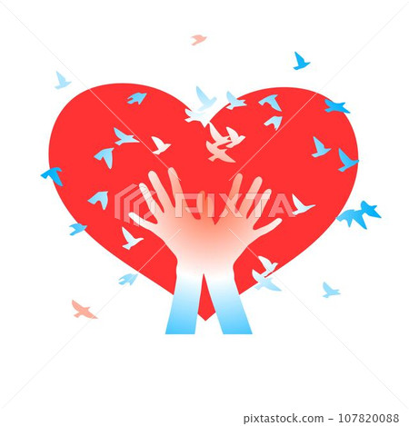 Hands with birds on a background of hearts. 107820088