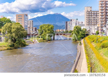 Kitakami River and Mt. Iwate seen from Kaiun Bridge, Kaiun Bridge flowerbed and promenade, the main entrance to Morioka Kitakami River and Mt. Iwate seen from Kaiun Bridge, Kaiun Bridge flowerbed and promenade, the main entrance to Morioka 107820158