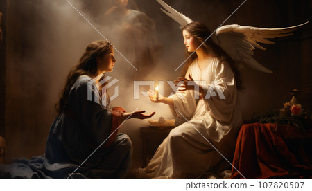 Artistic pictoric recreation of The Annunciation by the archangel Gabriel to Virgin Mary. Illustration AI Artistic pictoric recreation of The Annunciation by the archangel Gabriel to Virgin Mary. Illustration AI 107820507