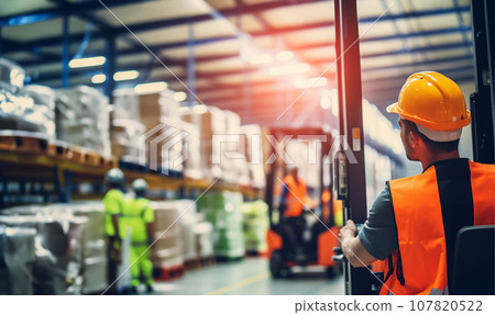 Storehouse employee in uniform working on forklift in modern automatic warehouse. Boxes are on the shelves of the warehouse. Warehousing, machinery concept. Logistics in stock. copy space Storehouse employee in uniform working on forklift in modern automatic warehouse. Boxes are on the shelves of the warehouse. Warehousing, machinery concept. Logistics in stock. copy space 107820522