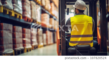Storehouse employee in uniform working on forklift in modern automatic warehouse. Boxes are on the shelves of the warehouse. Warehousing, machinery concept. Logistics in stock. copy space Storehouse employee in uniform working on forklift in modern automatic warehouse. Boxes are on the shelves of the warehouse. Warehousing, machinery concept. Logistics in stock. copy space 107820524