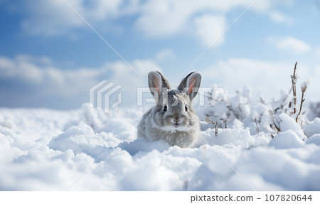 Cute bunny ears in the fresh white snow with blue sky. Winter theme rabbit, Easter or Christmas bunny concept in beautiful winter landscape with copy space Cute bunny ears in the fresh white snow with blue sky. Winter theme rabbit, Easter or Christmas bunny concept in beautiful winter landscape with copy space 107820644