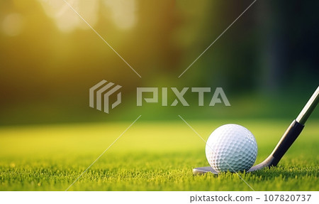 Close-up golf ball on tee with fairway golf course background. copy space golf club on grass field Close-up golf ball on tee with fairway golf course background. copy space golf club on grass field 107820737