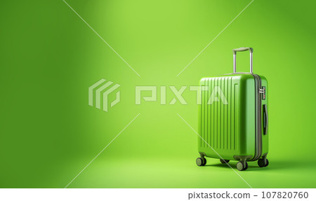 Stylish suitcase on a green background. Travel and vacation concept in triples. Trolley suitcase. copy space Holiday and summer concept 107820760
