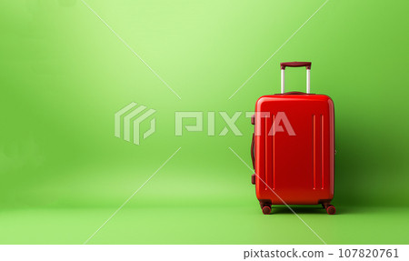 Stylish suitcase on a green background. Travel and vacation concept in triples. Trolley suitcase. copy space Holiday and summer concept 107820761