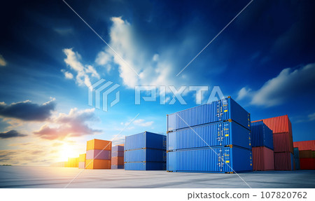Container Yard on blue sky background and floor ground with copy space, Global Business Logistics import export goods of freight carrier, industrial port, cargo transportation industry concept 107820762
