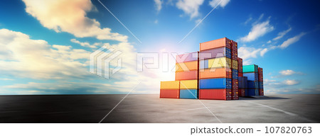 Container Yard on blue sky background and floor ground with copy space, Global Business Logistics import export goods of freight carrier, industrial port, cargo transportation industry concept 107820763