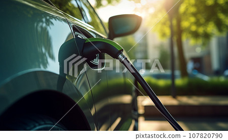 Power supply for electric car charging. Electric car charging station. Close up of the power supply plugged into an electric car being charged. Power supply for electric car charging. Electric car charging station. Close up of the power supply plugged into an electric car being charged. 107820790