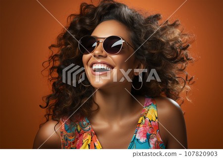 Beauty portrait of a cheerful Hispanic woman wearing colored sunglasses Beauty portrait of a cheerful Hispanic woman wearing colored sunglasses 107820903