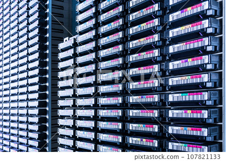 data cloud tapes inside data center racks data cloud tapes inside data center racks 107821133