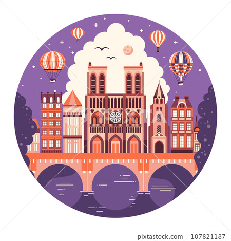 Hot Air Balloon Flying over Paris Landmarks 107821187