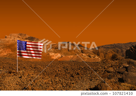 Red planet desert with US flag Red planet desert with US flag 107821410